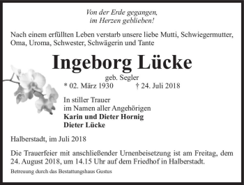 Traueranzeige von Ingeborg Lücke (geb. Segler)  von Magdeburger Volksstimme