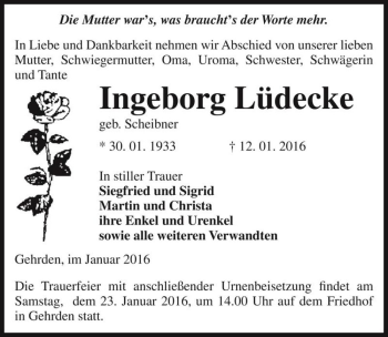 Traueranzeige von Ingeborg Lüdecke (geb. Scheibner)  von Magdeburger Volksstimme