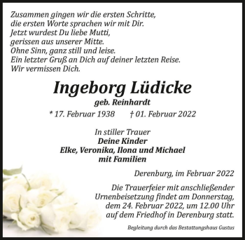 Traueranzeige von Ingeborg Lüdicke (geb. Reinhardt)  von Magdeburger Volksstimme