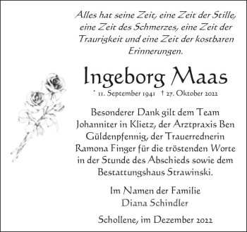 Traueranzeige von Ingeborg Maas  von Magdeburger Volksstimme