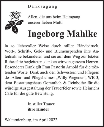 Traueranzeige von Ingeborg Mahlke  von Magdeburger Volksstimme