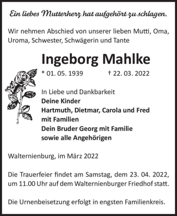 Traueranzeige von Ingeborg Mahlke  von Magdeburger Volksstimme