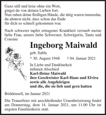 Traueranzeige von Ingeborg Maiwald (geb. Sabla)  von Magdeburger Volksstimme