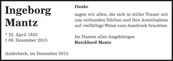 Traueranzeige von Ingeborg Mantz  von Magdeburger Volksstimme