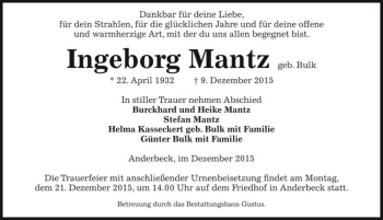 Traueranzeige von Ingeborg Mantz (geb. Bulk)  von Magdeburger Volksstimme