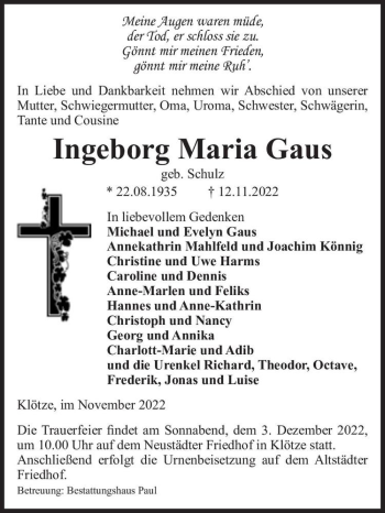 Traueranzeige von Ingeborg Maria Gaus (geb. Schulz)  von Magdeburger Volksstimme