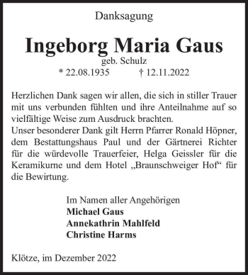 Traueranzeige von Ingeborg Maria Gaus (geb. Schulz)  von Magdeburger Volksstimme