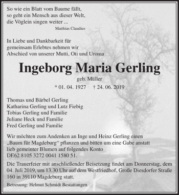 Traueranzeige von Ingeborg Maria Gerling (geb. Müller)  von Magdeburger Volksstimme