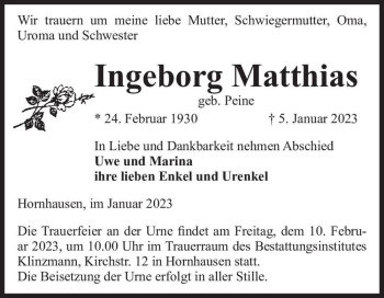 Traueranzeige von Ingeborg Matthias (geb. Peine)  von Magdeburger Volksstimme