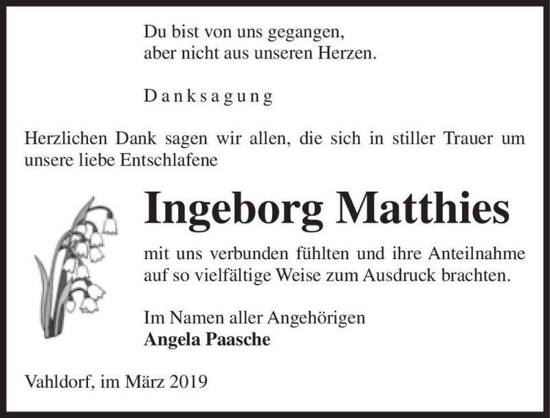  Traueranzeige für Ingeborg Matthies  vom 16.03.2019 aus Magdeburger Volksstimme
