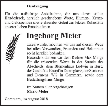 Traueranzeige von Ingeborg Meier  von Magdeburger Volksstimme