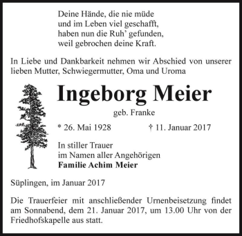 Traueranzeige von Ingeborg Meier (geb. Franke)  von Magdeburger Volksstimme