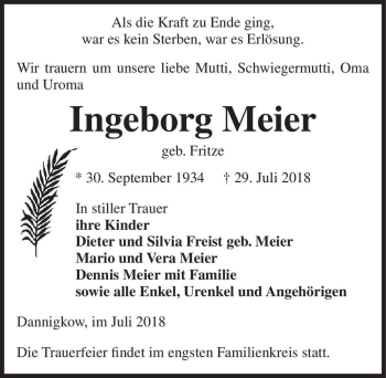 Traueranzeige von Ingeborg Meier (geb. Fritze)  von Magdeburger Volksstimme