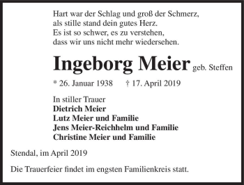 Traueranzeige von Ingeborg Meier (geb. Steffen)  von Magdeburger Volksstimme