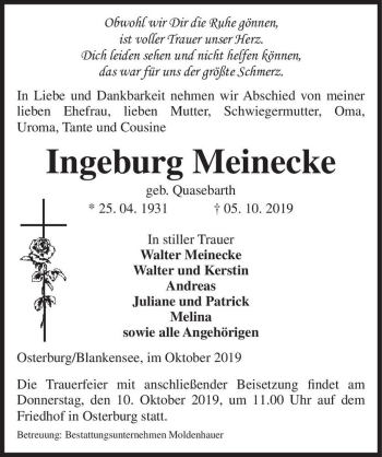 Traueranzeige von Ingeborg Meinecke (geb. Quasebarth)  von Magdeburger Volksstimme