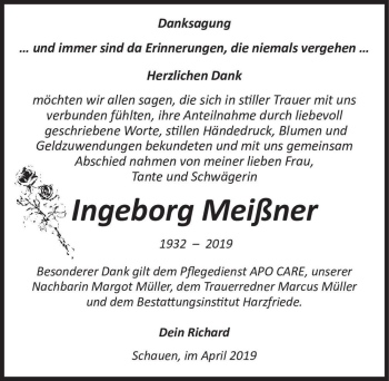 Traueranzeige von Ingeborg Meißner  von Magdeburger Volksstimme