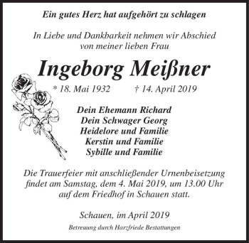 Traueranzeige von Ingeborg Meißner  von Magdeburger Volksstimme