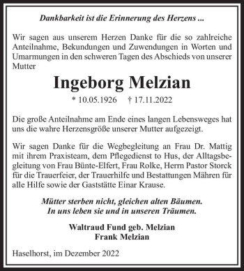 Traueranzeige von Ingeborg Melzian  von Magdeburger Volksstimme