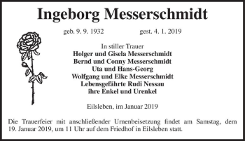 Traueranzeige von Ingeborg Messerschmidt  von Magdeburger Volksstimme
