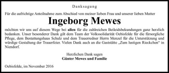 Traueranzeige von Ingeborg Mewes  von Magdeburger Volksstimme