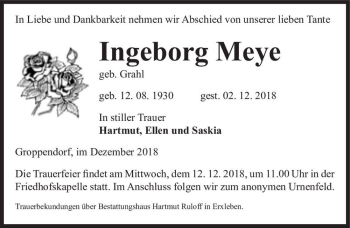 Traueranzeige von Ingeborg Meye (geb. Grahl)  von Magdeburger Volksstimme