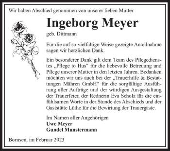 Traueranzeige von Ingeborg Meyer (geb. Dittmann)  von Magdeburger Volksstimme