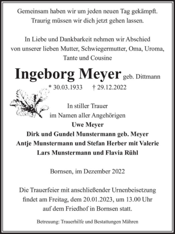 Traueranzeige von Ingeborg Meyer (geb. Dittmann)  von Magdeburger Volksstimme