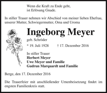 Traueranzeige von Ingeborg Meyer (geb. Schröder)  von Magdeburger Volksstimme