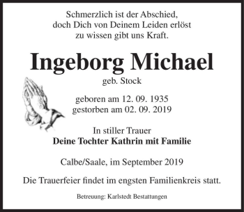 Traueranzeige von Ingeborg Michael (geb. Stock)  von Magdeburger Volksstimme