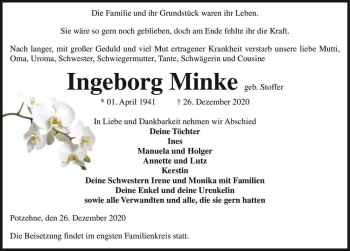 Traueranzeige von Ingeborg Minke (geb. Stoffer)  von Magdeburger Volksstimme