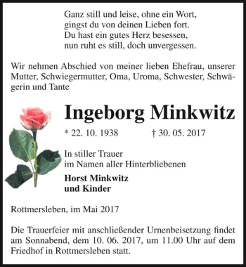 Traueranzeige von Ingeborg Minkwitz  von Magdeburger Volksstimme
