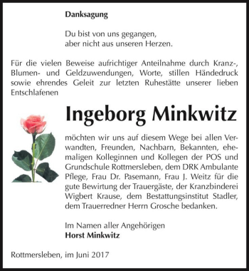 Traueranzeige von Ingeborg Minkwitz  von Magdeburger Volksstimme