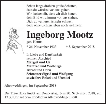 Traueranzeige von Ingeborg Mootz (geb. Herms)  von Magdeburger Volksstimme