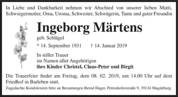 Traueranzeige von Ingeborg Märtens (geb. Schlägel)  von Magdeburger Volksstimme
