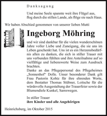 Traueranzeige von Ingeborg Möhring  von Magdeburger Volksstimme