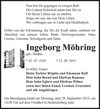Traueranzeige von Ingeborg Möhring (geb. Hedtke)  von Magdeburger Volksstimme