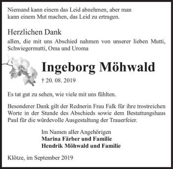 Traueranzeige von Ingeborg Möhwald  von Magdeburger Volksstimme