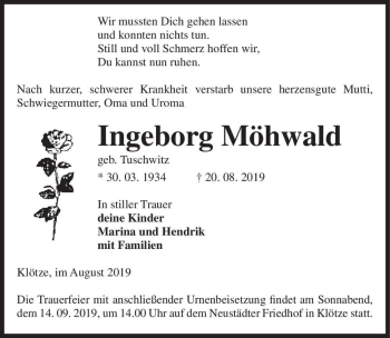 Traueranzeige von Ingeborg Möhwald (Tuschwitz)  von Magdeburger Volksstimme