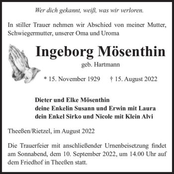Traueranzeige von Ingeborg Mösenthin (geb. Hartmann)  von Magdeburger Volksstimme