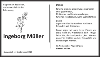 Traueranzeige von Ingeborg Müller  von Magdeburger Volksstimme