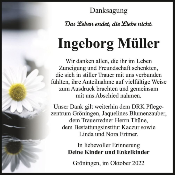 Traueranzeige von Ingeborg Müller  von Magdeburger Volksstimme