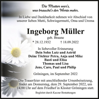 Traueranzeige von Ingeborg Müller (geb. Braune)  von Magdeburger Volksstimme