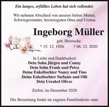 Traueranzeige von Ingeborg Müller (geb. Heimicke)  von Magdeburger Volksstimme