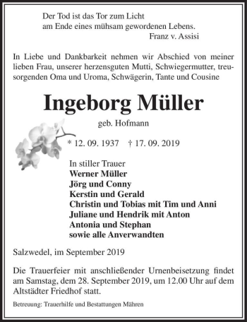 Traueranzeige von Ingeborg Müller (geb. Hofmann)  von Magdeburger Volksstimme