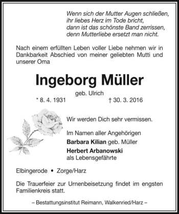 Traueranzeige von Ingeborg Müller (geb. Ulrich)  von Magdeburger Volksstimme