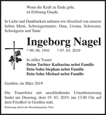 Traueranzeige von Ingeborg Nagel  von Magdeburger Volksstimme