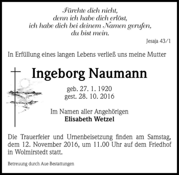 Traueranzeige von Ingeborg Naumann  von Magdeburger Volksstimme