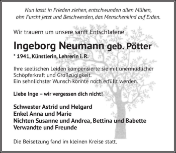 Traueranzeige von Ingeborg Neumann (geb. Pötter)  von Magdeburger Volksstimme