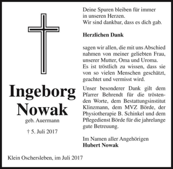 Traueranzeige von Ingeborg Nowak (geb. Auermann)  von Magdeburger Volksstimme