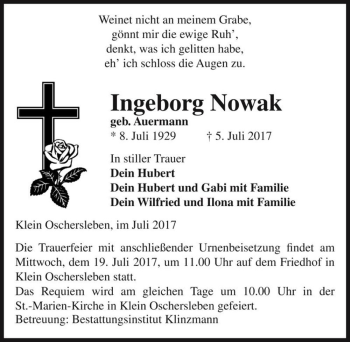 Traueranzeige von Ingeborg Nowak (geb. Auermann)  von Magdeburger Volksstimme